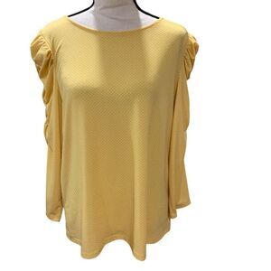 Adrianna Papell Polka Dot Blouse Stretchy Caterpillar 3/4 Sleeve Yellow White Lg